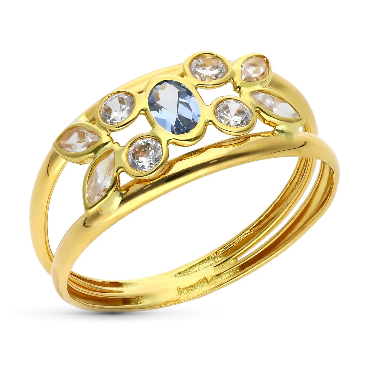 18K SORTIJA ORO AMARILLO DOBLE CUERPO CON CIRCONITAS BLANCAS Y AGUAMARINA. ANCHO: 8,5MM