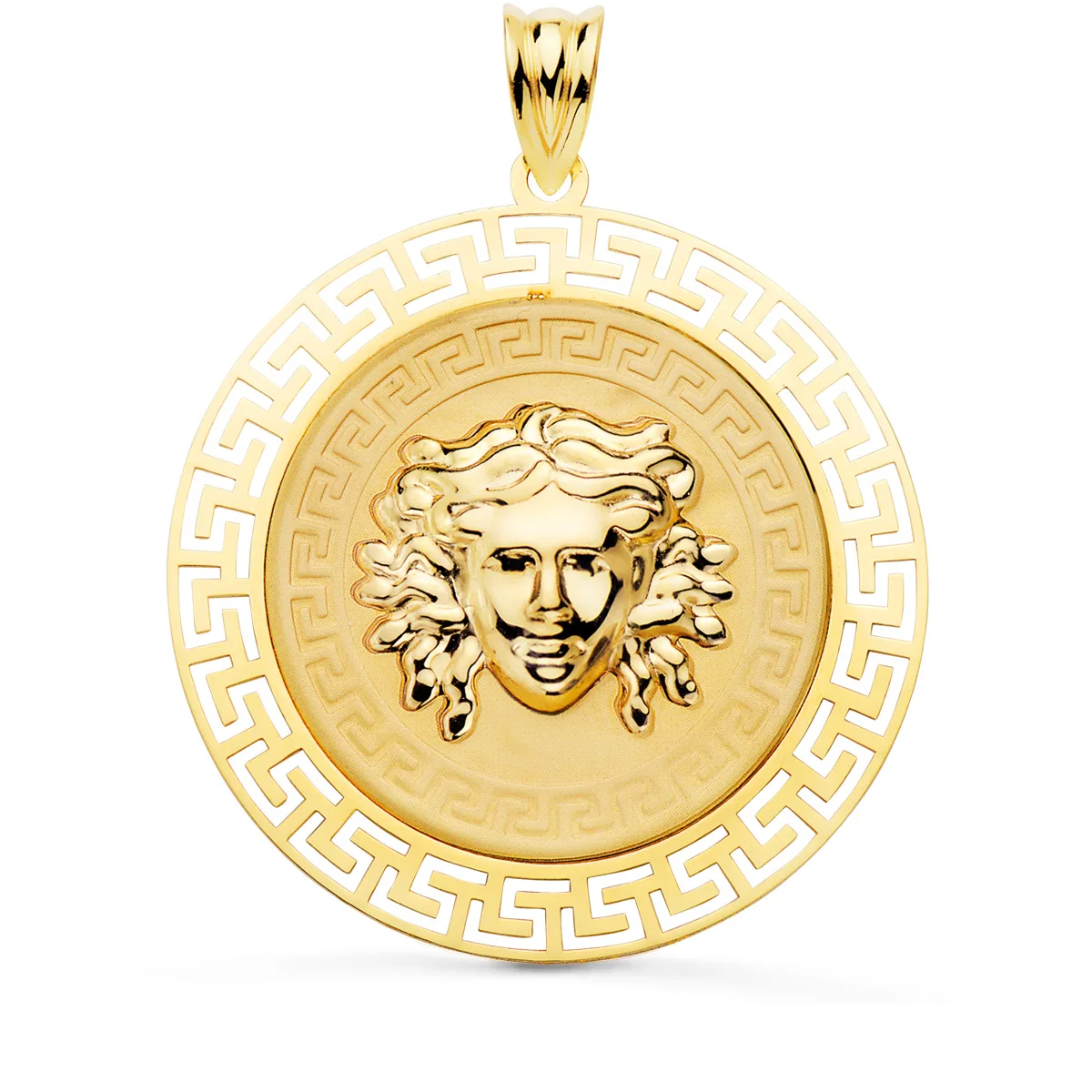18K MEDALLA ORO AMARILLO MEDUSA CON BORDE CALADA Y GRECA MATIZADA 33 MM