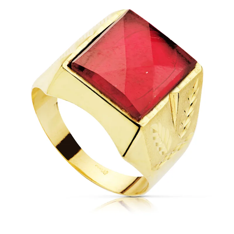 9K SELLO ORO AMARILLO HUECO CABALLERO LATERALES TALLADOS PIEDRA ROJA 13,5 X 11,5MM