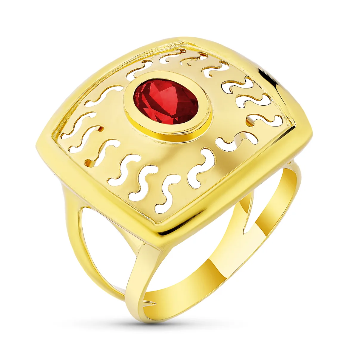 18K SORTIJA ORO AMARILLO MOTIVO CALADO CON CIRCONITA GRANATE. ANCHO: 20 MM