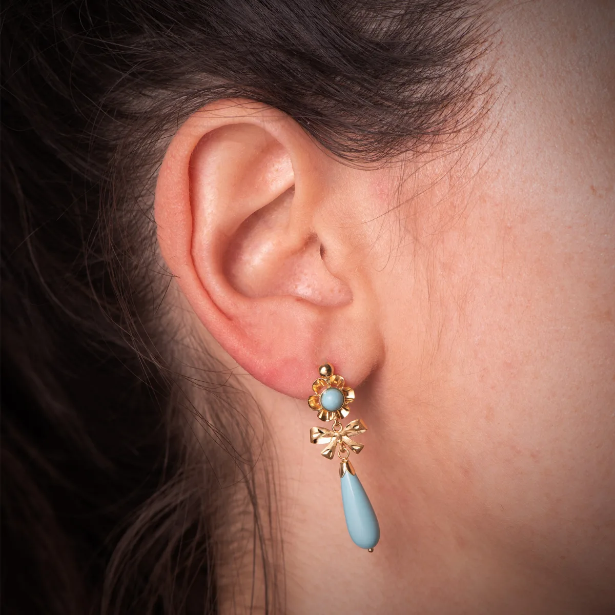18K PENDIENTES CUBANAS ORO AMARILLO LAZO TURQUESAS. MEDIDA: 33X10 MM. CIERRE CATALAN — vista 2