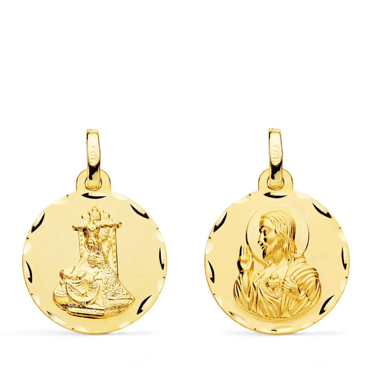 18K MEDALLA ORO AMARILLO ESCAPULARIO ORO AMARILLO VIRGEN DE LAS ANGUSTIAS Y CORAZON DE JESUS TALLADA 18 MM