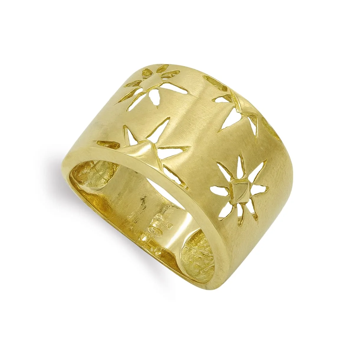 18K SORTIJA ORO AMARILLO MACIZA FLORES CALADAS MATIZADA. ANCHO: 13,5MM