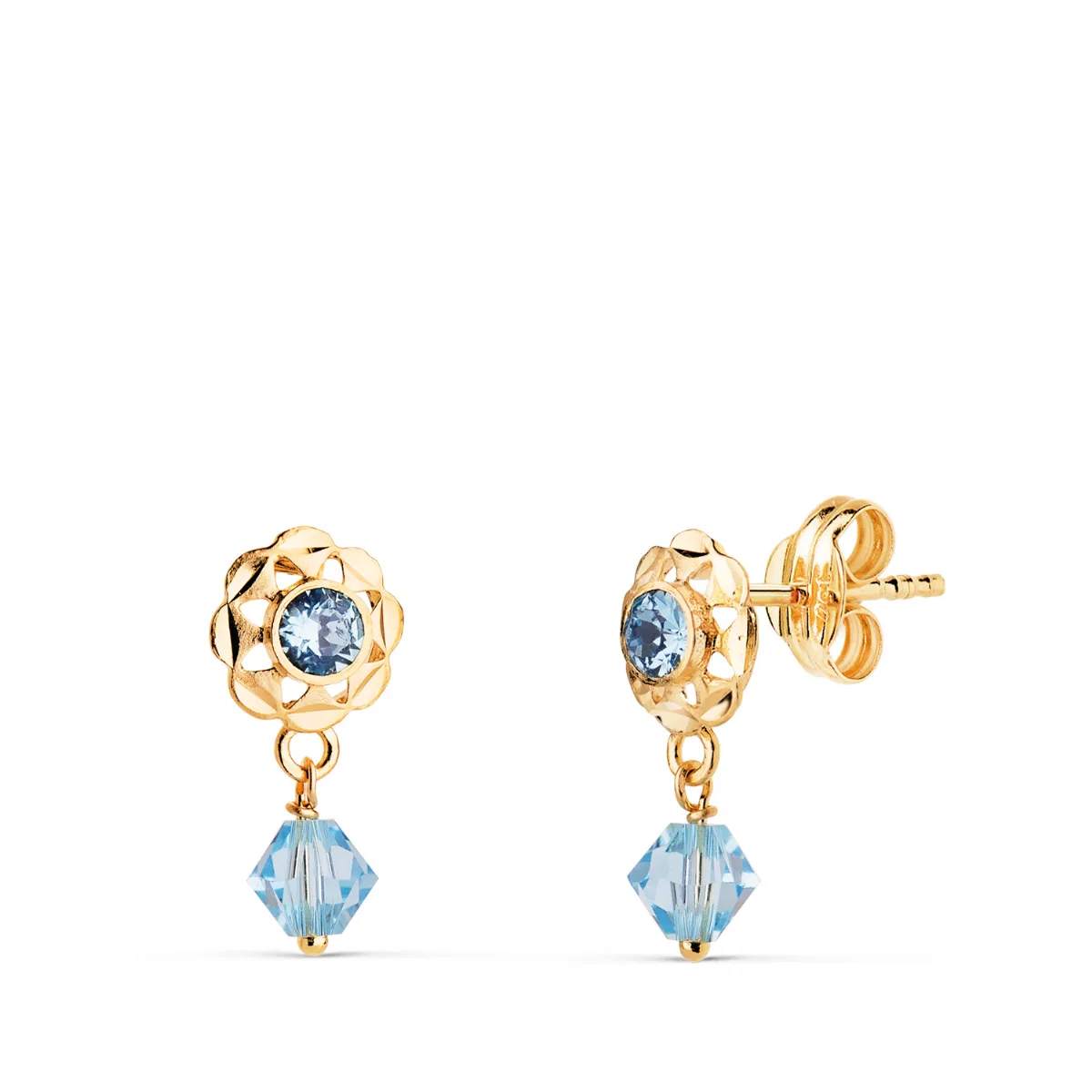 18K PENDIENTES ORO AMARILLO CUBANAS CON CIRCONITAS AZULES. MEDIDA: 14 X 6,5 MM CIERRE PRESION