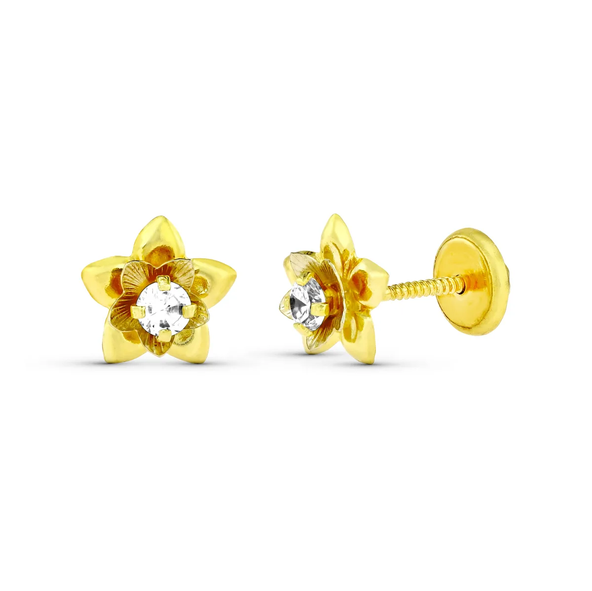 18K PENDIENTES ORO AMARILLO FLOR CON CIRCONITA 7X7 MM. CIERRE TUERCA