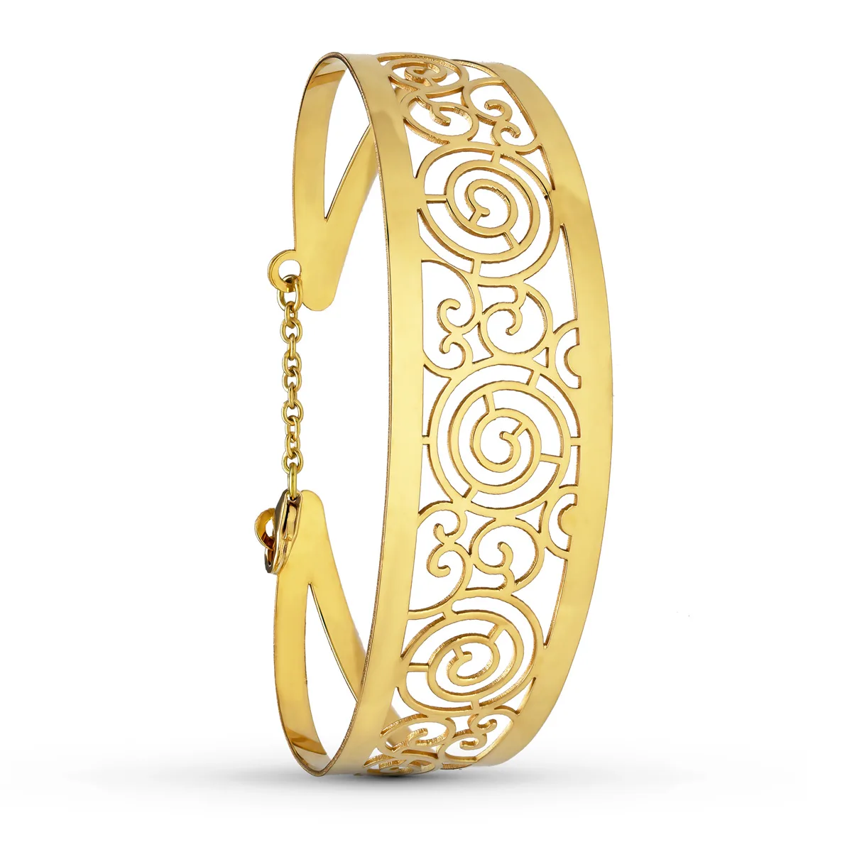 18K PULSERA RIGIDA ORO AMARILLO CALADA MOTIVOS MEDIDA INTERIOR 62X55 MM ANCHO TOTAL 20 MM CIERRE MOSQUETON CON CADENA