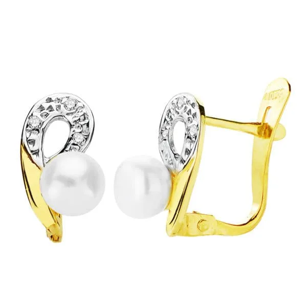 18K PENDIENTES BICOLOR PERLA 10X6 MM CIERRE CATALAN