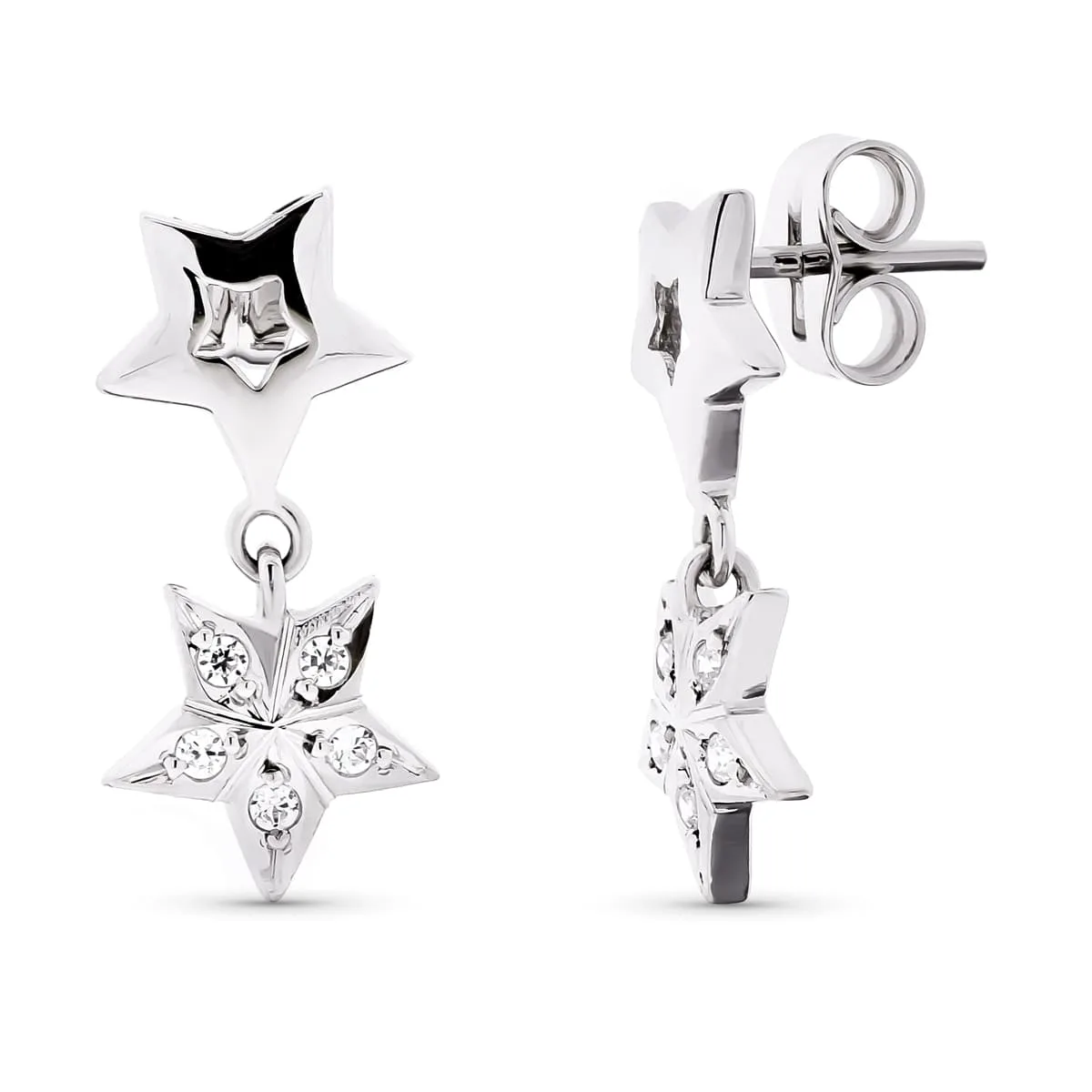 18K PENDIENTES ORO BLANCO LARGOS ESTRELLAS CIERRE PRESION