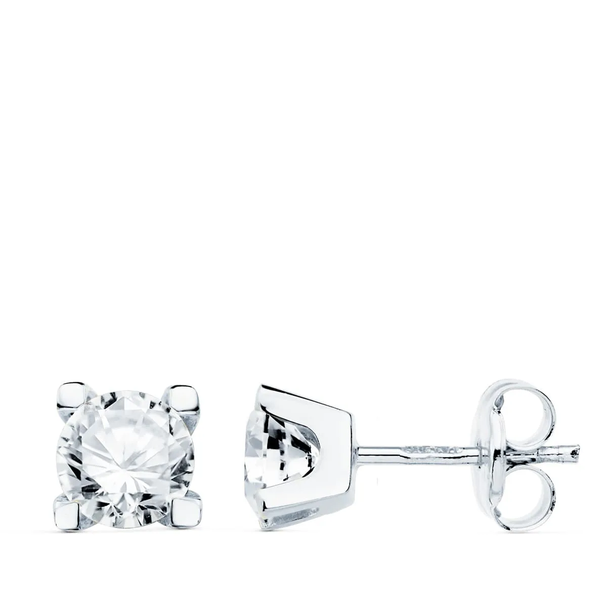 18K PENDIENTES ORO BLANCO CIRCONITA 5 MM 4 GARRAS CIERRE PRESION