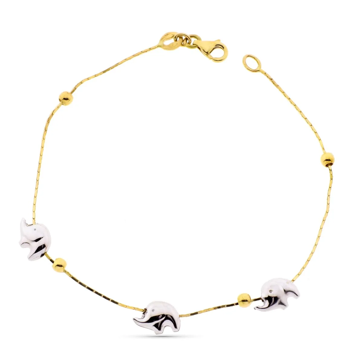 18K PULSERA ORO BICOLOR ELEFANTESY BOLAS LISAS 19CM