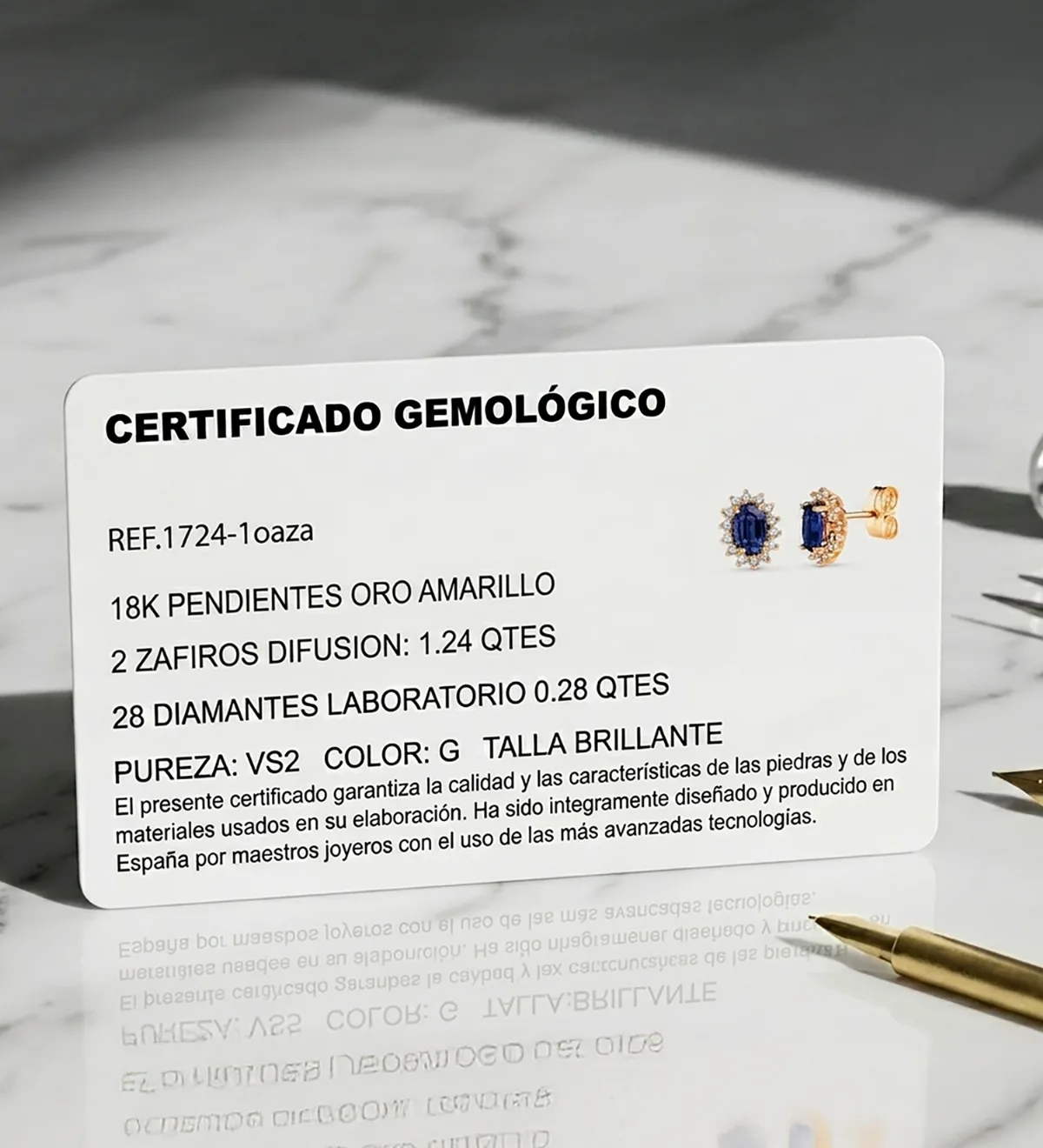 18K PENDIENTES ORO AMARILLO ZAFIRO DIFUSION 6X4 MM 1,24 QT Y 28 DIAMANTES LABORATORIO 0,280QT VS2-G. 9,5X8 MM CIERRE PRESION — vista 3