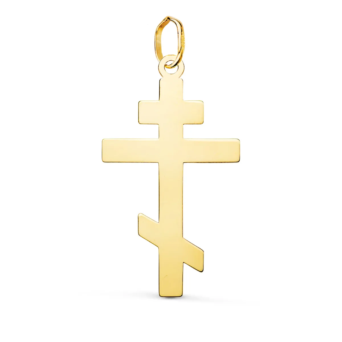 18K COLGANTE ORO AMARILLO CRUZ ORTODOXA SILUETA EN BRILLO. 28 X 15 MM