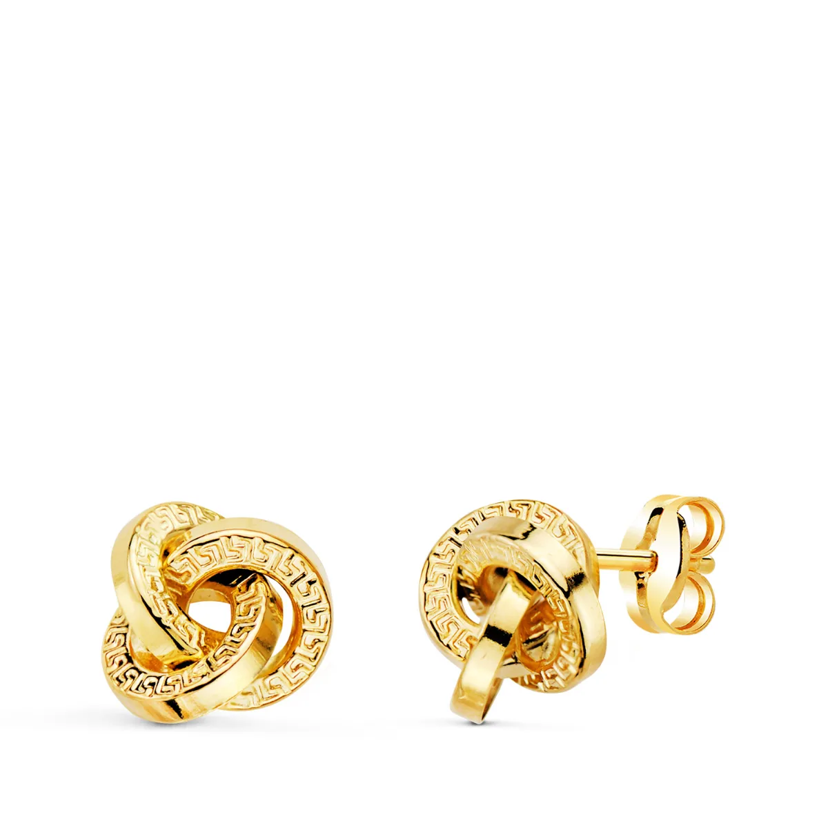 18K PENDIENTES ORO AMARILLO TRES AROS CON GRECA 8 X 8 MM. CIERRE PRESION