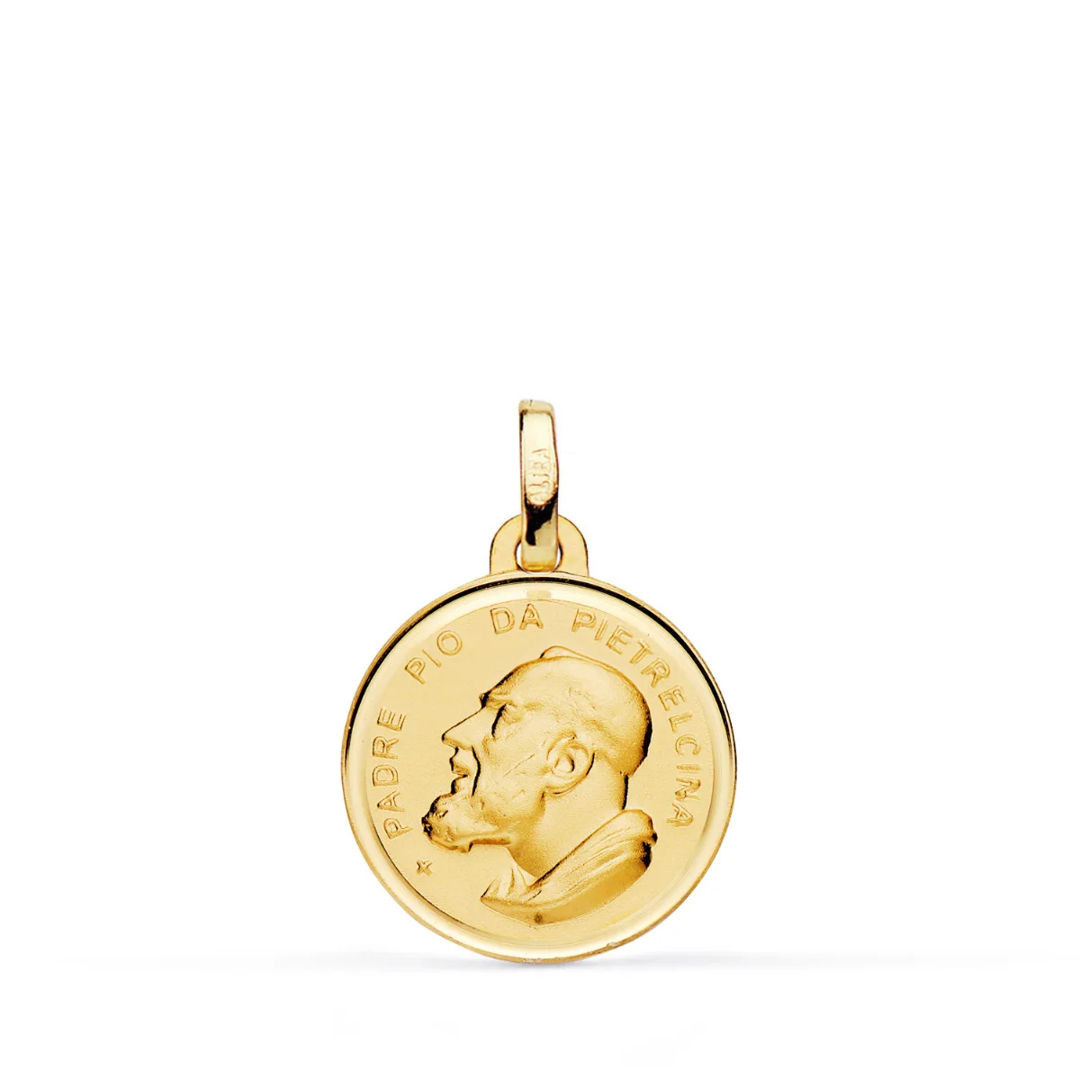 18K MEDALLA ORO AMARILLO PADRE PIO CON BISEL Y MATIZADA. MEDIDA: 16 MM