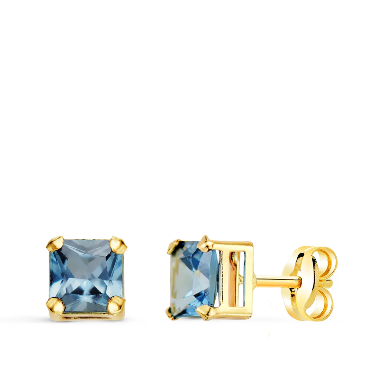 18K PENDIENTES ORO AMARILLO CUADRADOS PIEDRA COLOR AGUAMARINA 5,5 X 5,5 MM. CIERRE PRESION