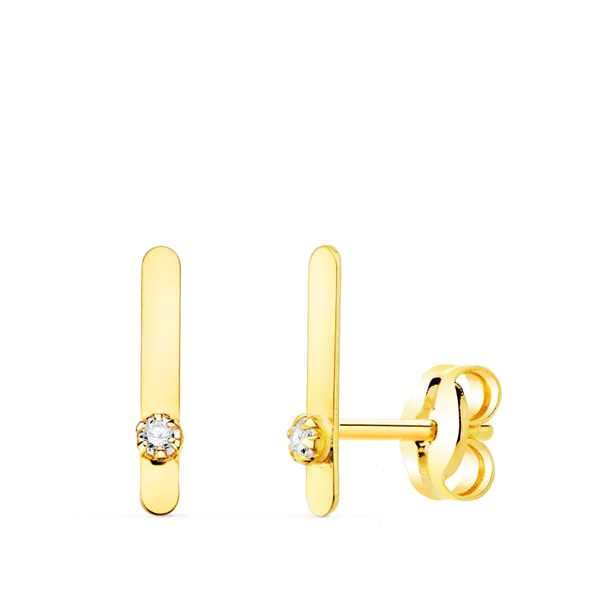 18K PENDIENTES ORO AMARILLO TREPADOR MINI BARRA CON CIRCONITA 10X1.5 MM CIERRE PRESION