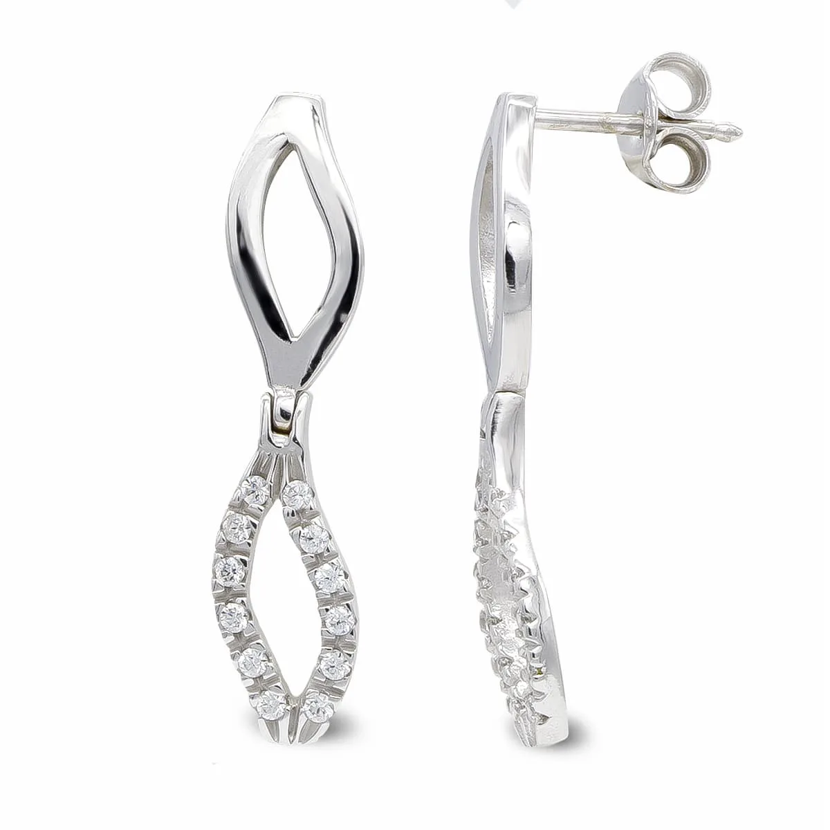 18K PENDIENTES ORO BLANCO LARGOS Y CIRCONITA CIERRE PRESION