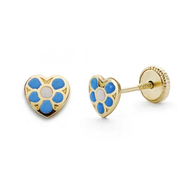 18K PENDIENTES ORO AMARILLO CORAZON AZUL. 5X5 MM CIERRE TUERCA