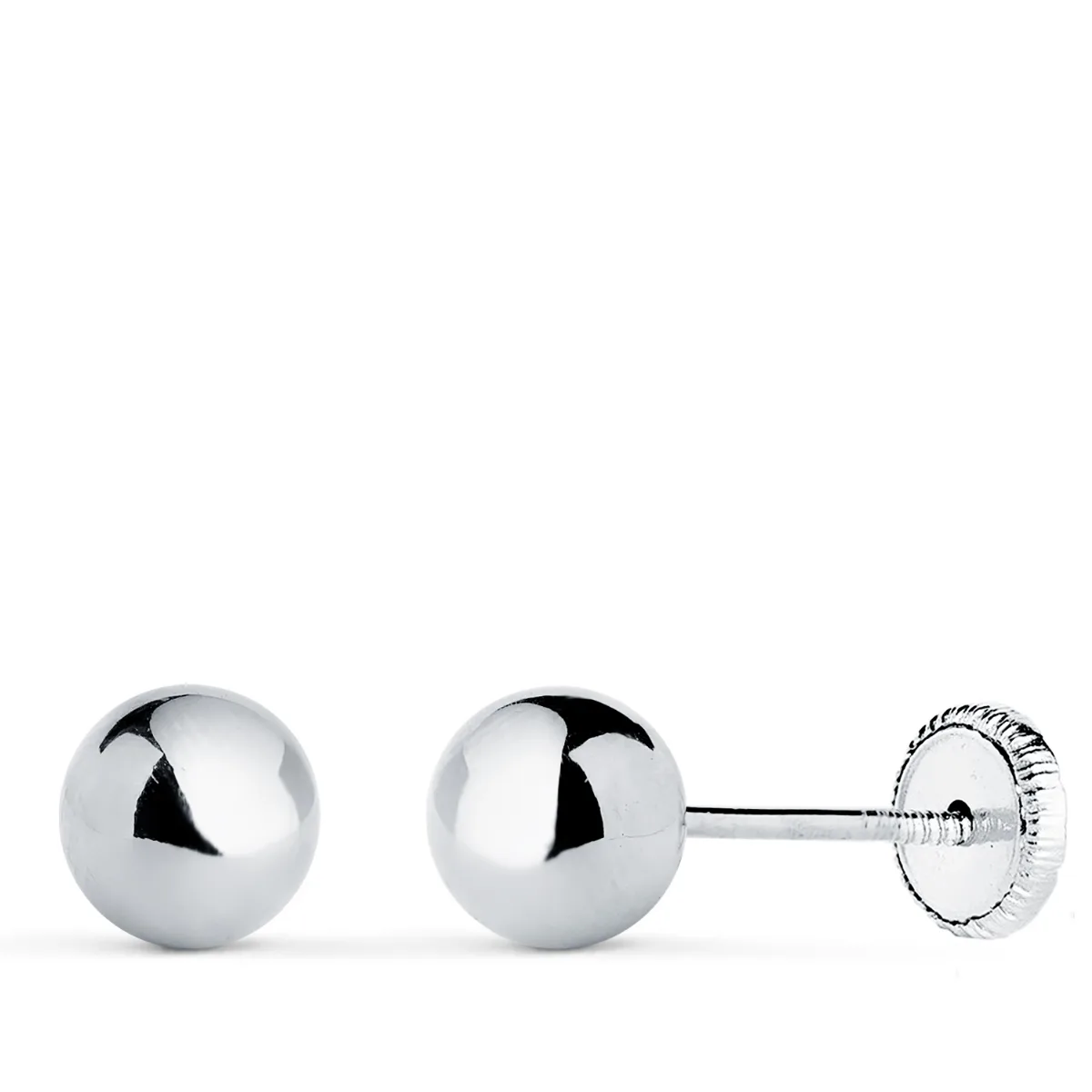 18K PENDIENTES ORO BLANCO BOLA LISA BRILLA HUECA. ANCHO: 6 MM. CIERRE TUERCA