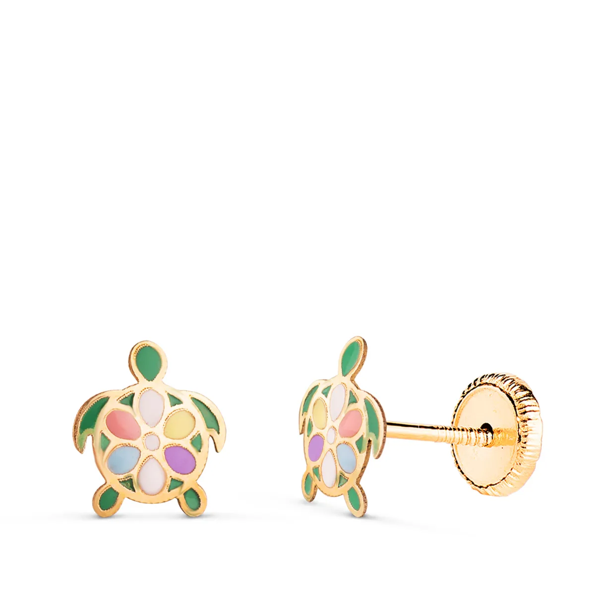 18K PENDIENTES ORO AMARILLO TORTUGAS ESMALTADAS. MEDIDA: 7,5 X 6,5 MM. CIERRE TUERCA
