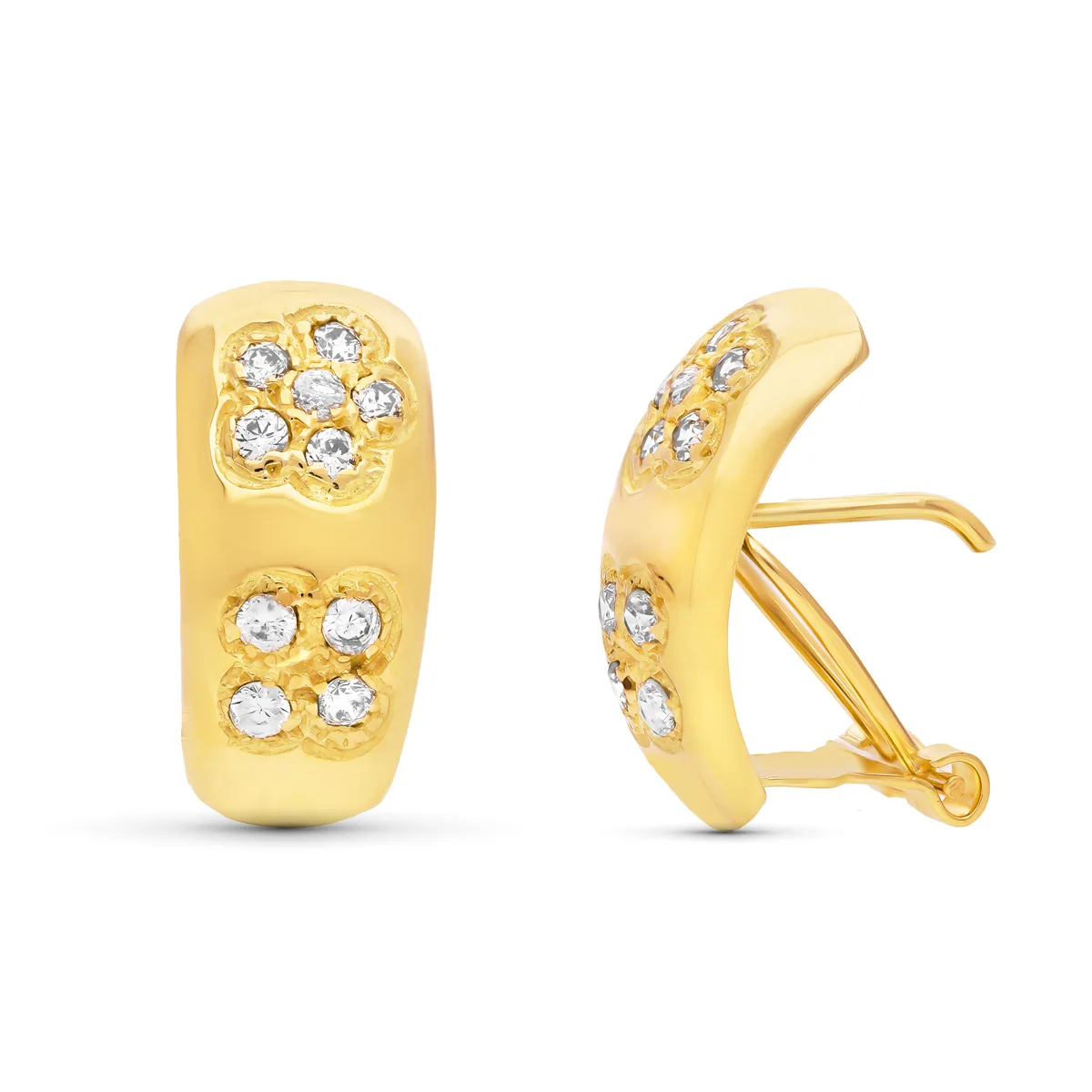 18K PENDIENTES ORO AMARILLO FLORES CIRCONITA 17X8 MM CIERRE OMEGA
