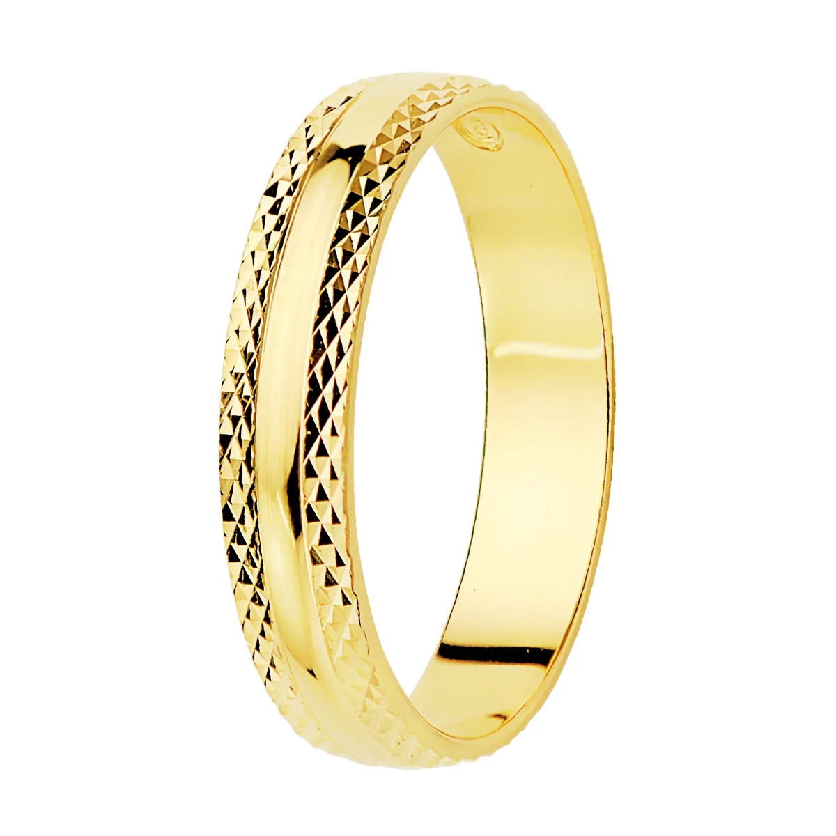 18K ALIANZA ORO AMARILLO BRILLO Y BORDES TALLADOS. ANCHO 4 MM GROSOR 1 MM