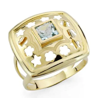 18K SORTIJA ORO AMARILLO FLORES Y ESTRELLAS CALADAS CON CIRCONITA AGUAMARINA. ANCHO: 20 MM