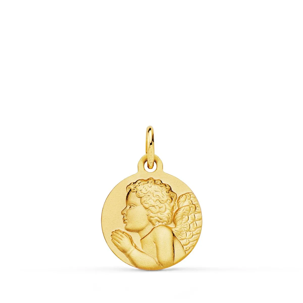 18K MEDALLA ORO AMARILLO ANGEL NIÑO PIADOSO REZANDO MATIZADO. 14 MM