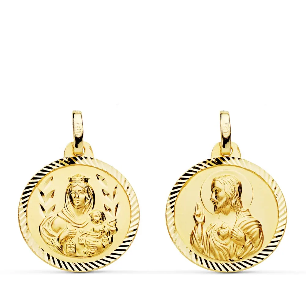 18K ESCAPULARIO ORO AMARILLO HELICE VIRGEN DEL CARMEN CORAZON DE JESUS 18 MM