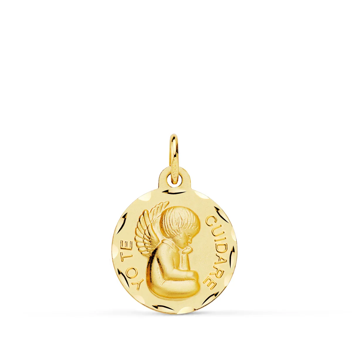18K MEDALLA ORO AMARILLO ANGELITO "YO TE CUIDARE" TALLADA. MEDIDA: 16 MM