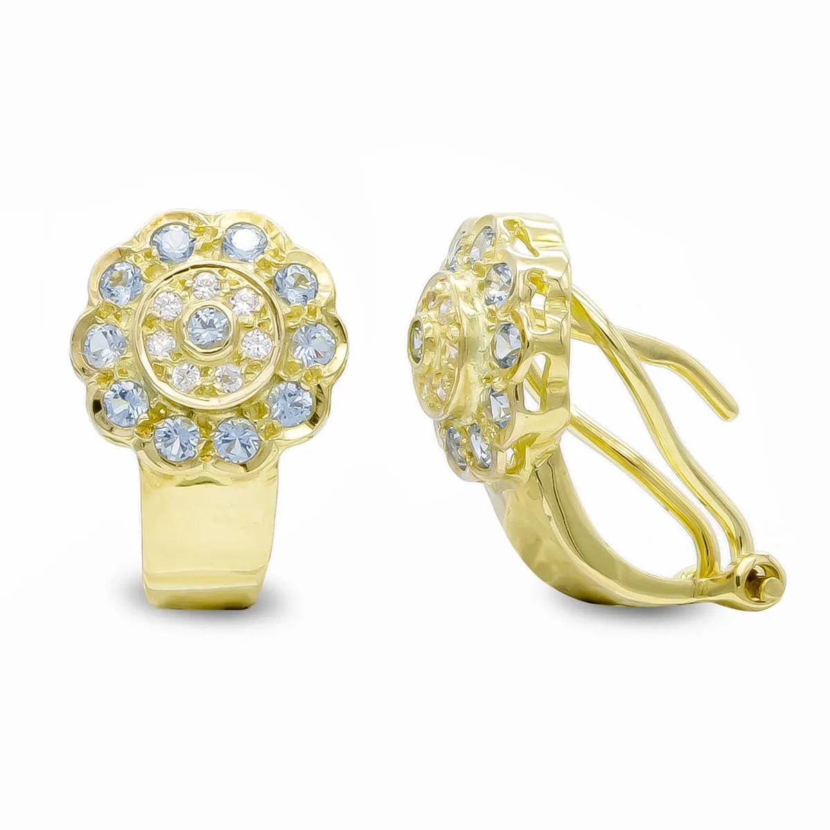 18K PENDIENTES ORO AMARILLO PIEDRAS AGUAMARINA Y CIRCONITA CIERRE OMEGA