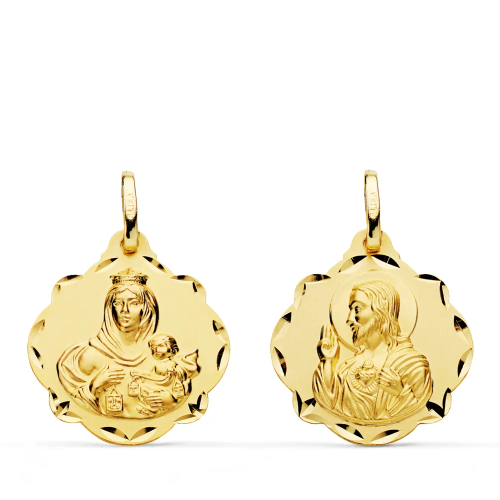 18K ESCAPULARIO ORO AMARILLO VIRGEN DEL CARMEN Y CORAZON DE JESUS 20 MM
