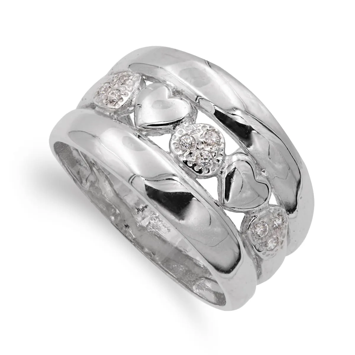 18K SORTIJA ORO BLANCO CORAZONES Y CIRCONITAS. ANCHO: 12 MM