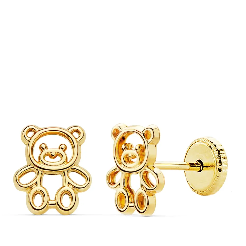 18K PENDIENTES ORO AMARILLO OSO CALADO 7X6 MM CIERRE TUERCA