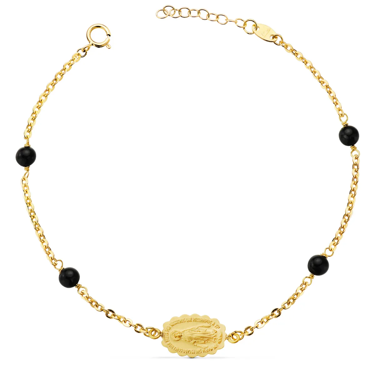 18K PULSERA ORO AMARILLO VIRGEN MILAGROSA 13X9 MM BOLAS NEGRAS. LARGO: 17 3 CM