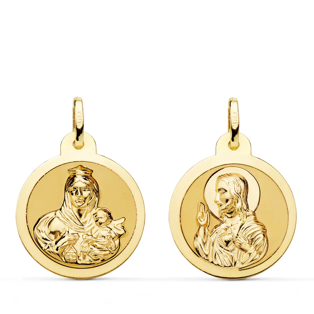 18K ESCAPULARIO ORO AMARILLO ORO AMARILLO BRILLO VIRGEN DEL CARMEN Y CORAZON DE JESUS 20 MM