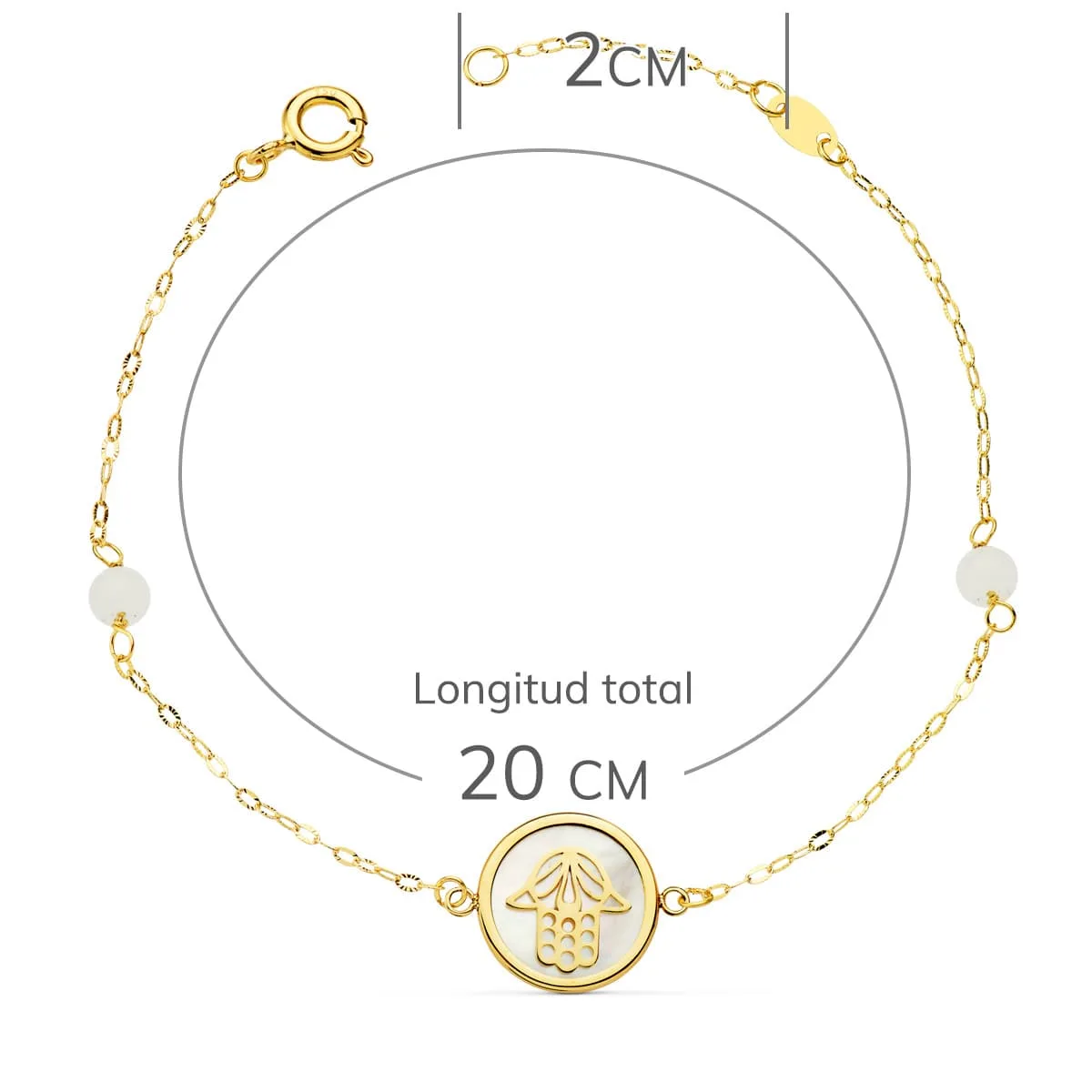 18K PULSERA ORO AMARILLO NACAR CON MANO DE FATIMA 12 MM Y BOLAS JADE 4 MM CADENA 18   2.5 CM — vista 2