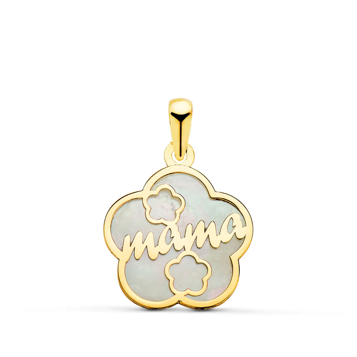 18K COLGANTE DE NACAR ORO AMARILLO FORMA DE FLOR Y MAMA CON CORAZONES 15X15MM