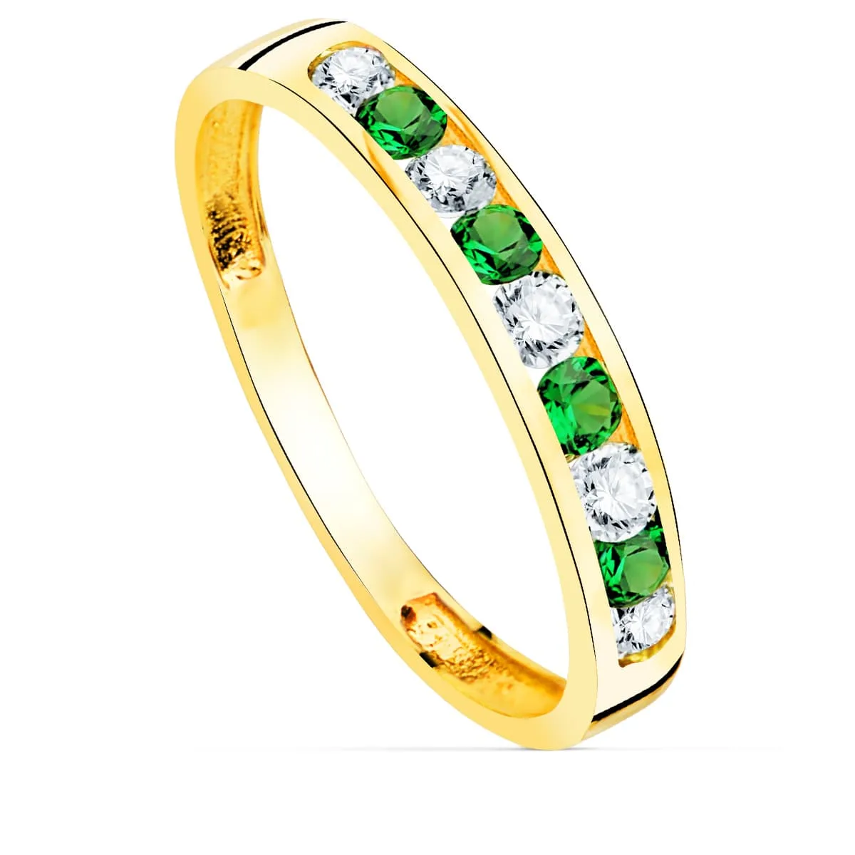 18K SORTIJA ORO AMARILLO 9 CIRCONITA BLANCAS Y VERDES. ANCHO CUERPO 3.5 MM