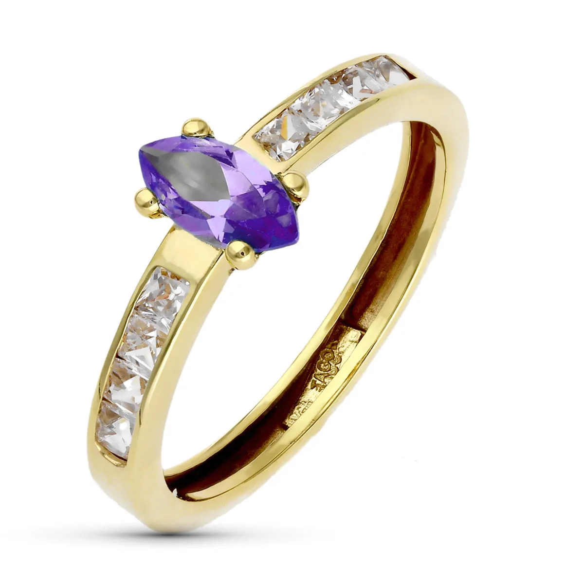 9K SORTIJA ORO AMARILLO CIRCONITA AMATISTA MARQUISE Y CIRCONITAS EN CARRIL. ANCHO: 8 MM