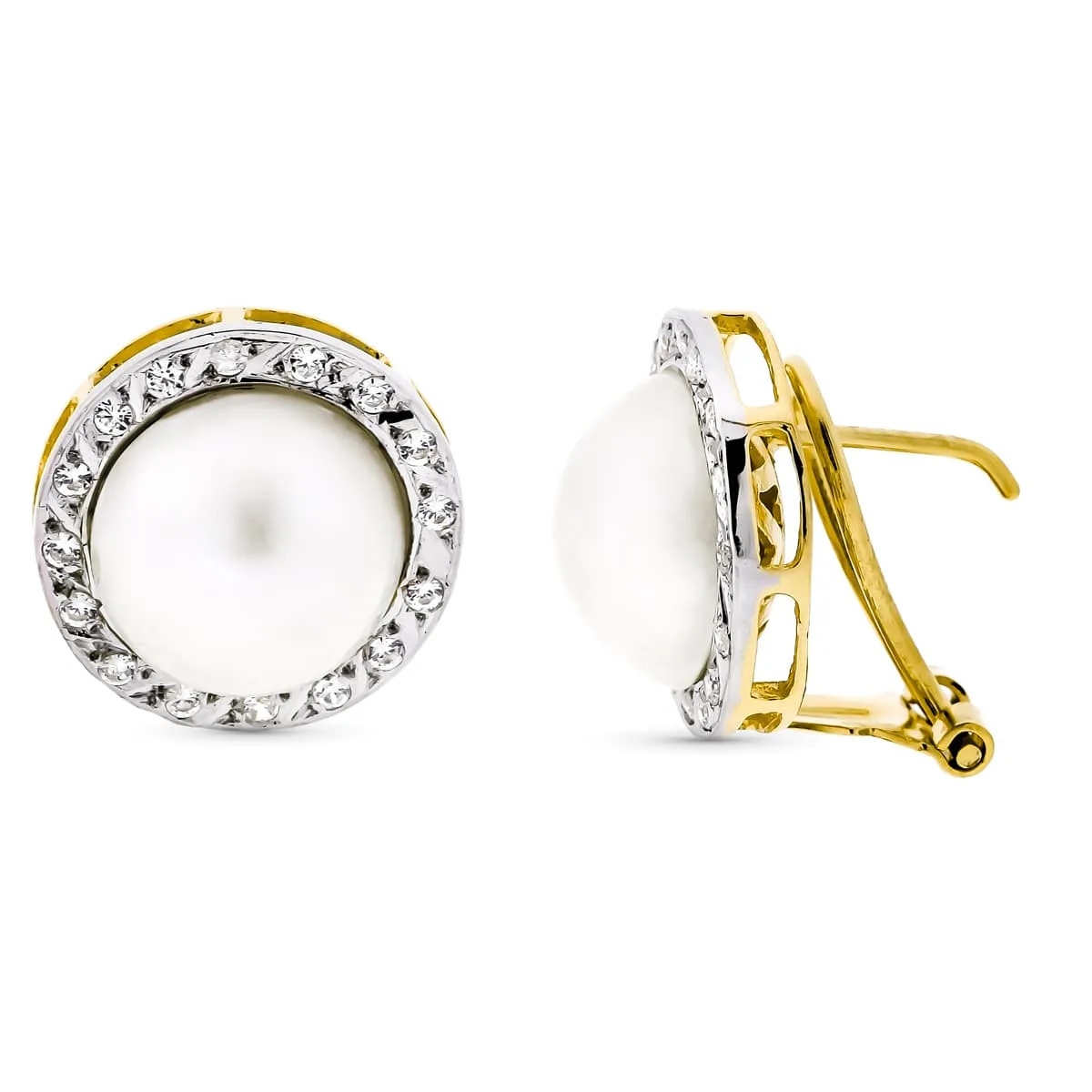 18K PENDIENTES ORO BICOLOR PERLA JAPONESA NATURAL 10 MM CIERRE OMEGA