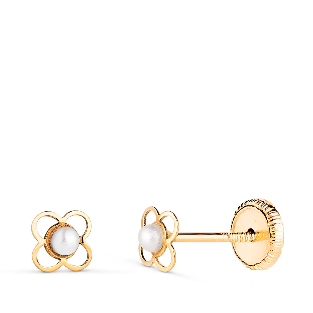 18K PENDIENTES ORO AMARILLO TREBOL CALADO CON PERLITA 2 MM. MEDIDA: 5 X 4,5 MM. CIERRE TUERCA
