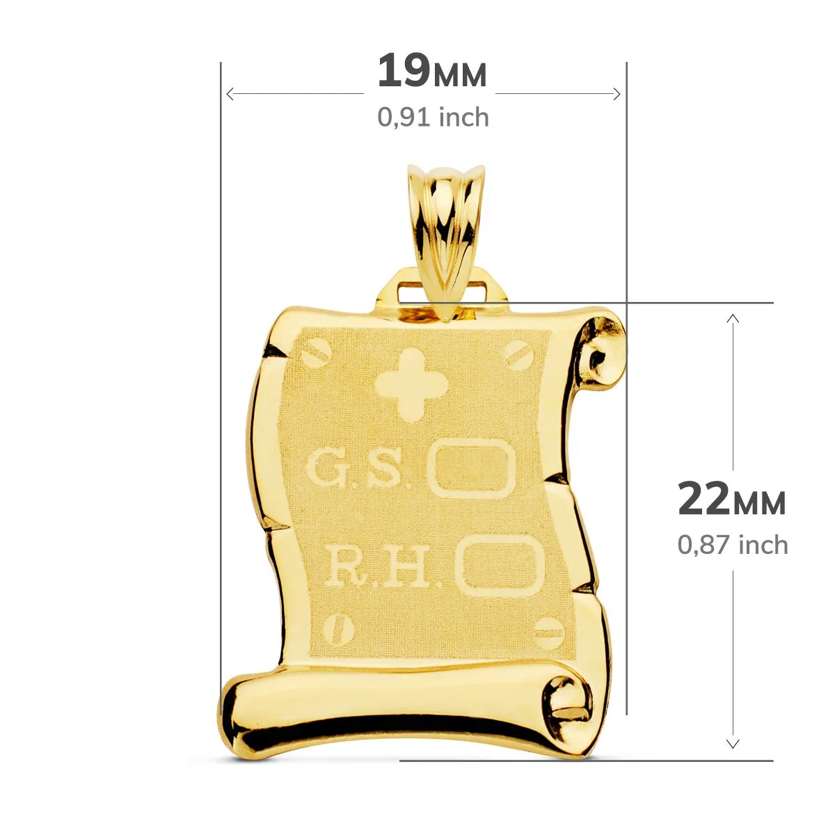 18K PLACA CHAPA COLGANTE PERGAMINO ORO AMARILLO BRILLO RH GRUPO SANGUINEO MATE 22X19 MM — vista 2