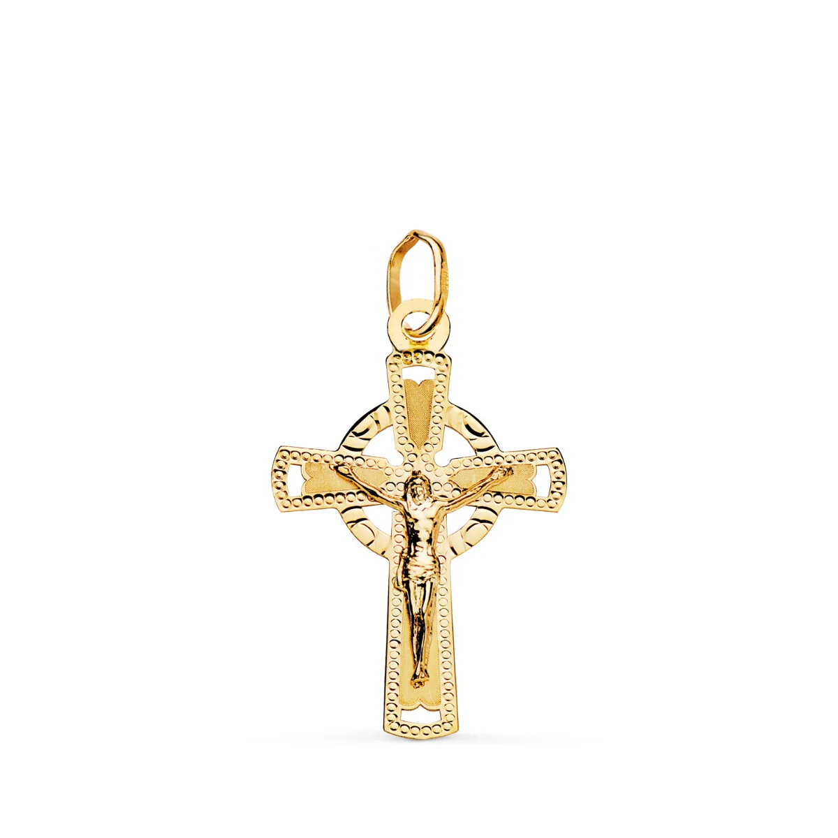 18K CRUZ ORO AMARILLO CON CRISTO TALLADA 23 X 15 MM