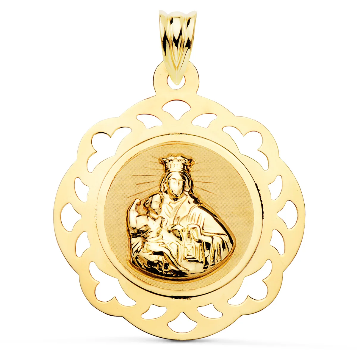 18K ESCAPULARIO ORO AMARILLO VIRGEN DEL CARMEN Y CORAZON DE JESUS CALADO BRILLO 31 X 27 MM — vista 2