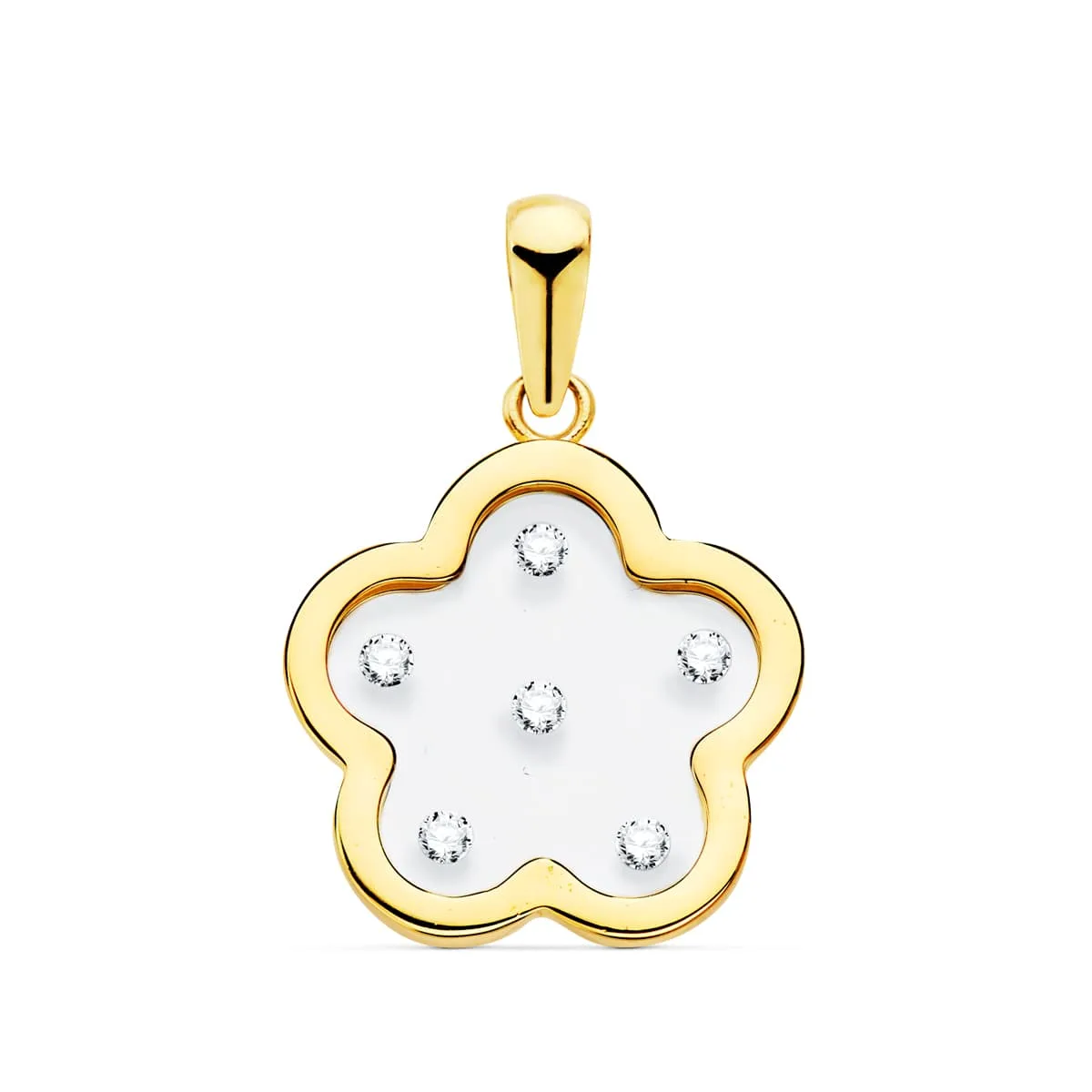 18K COLGANTE AMULETO ORO AMARILLO FLOR AIRSHINE TRANSPARENTE CON CIRCONITA 14X14 MM