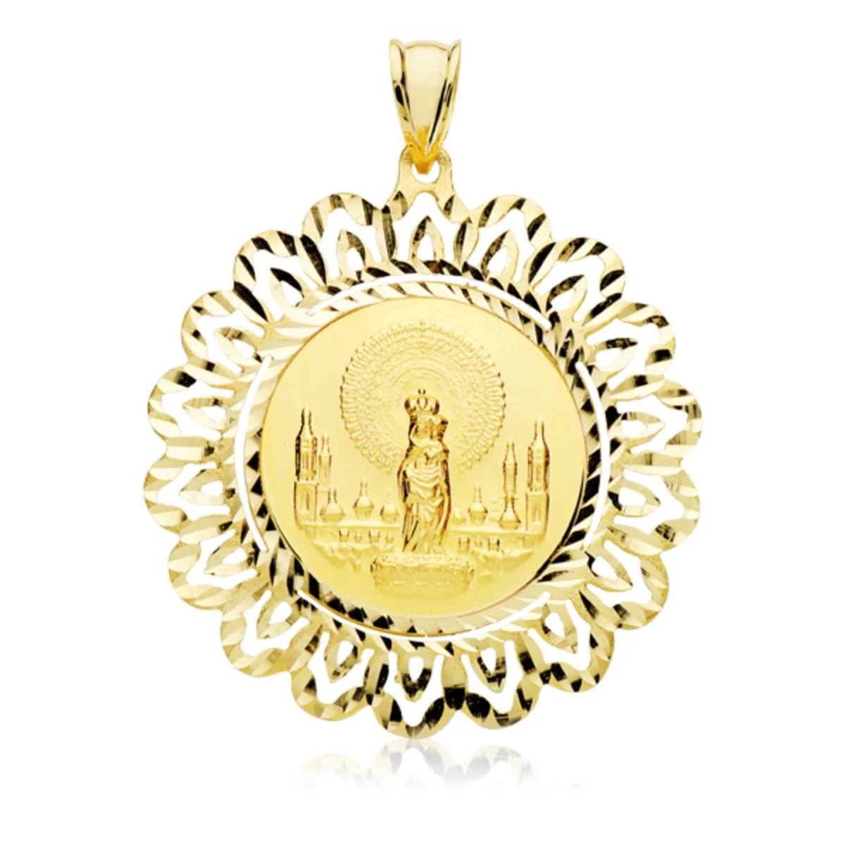 18K MEDALLA ORO AMARILLO VIRGEN DEL PILAR REDONDA 22 MM CON CERCO TALLADO 40X40 MM