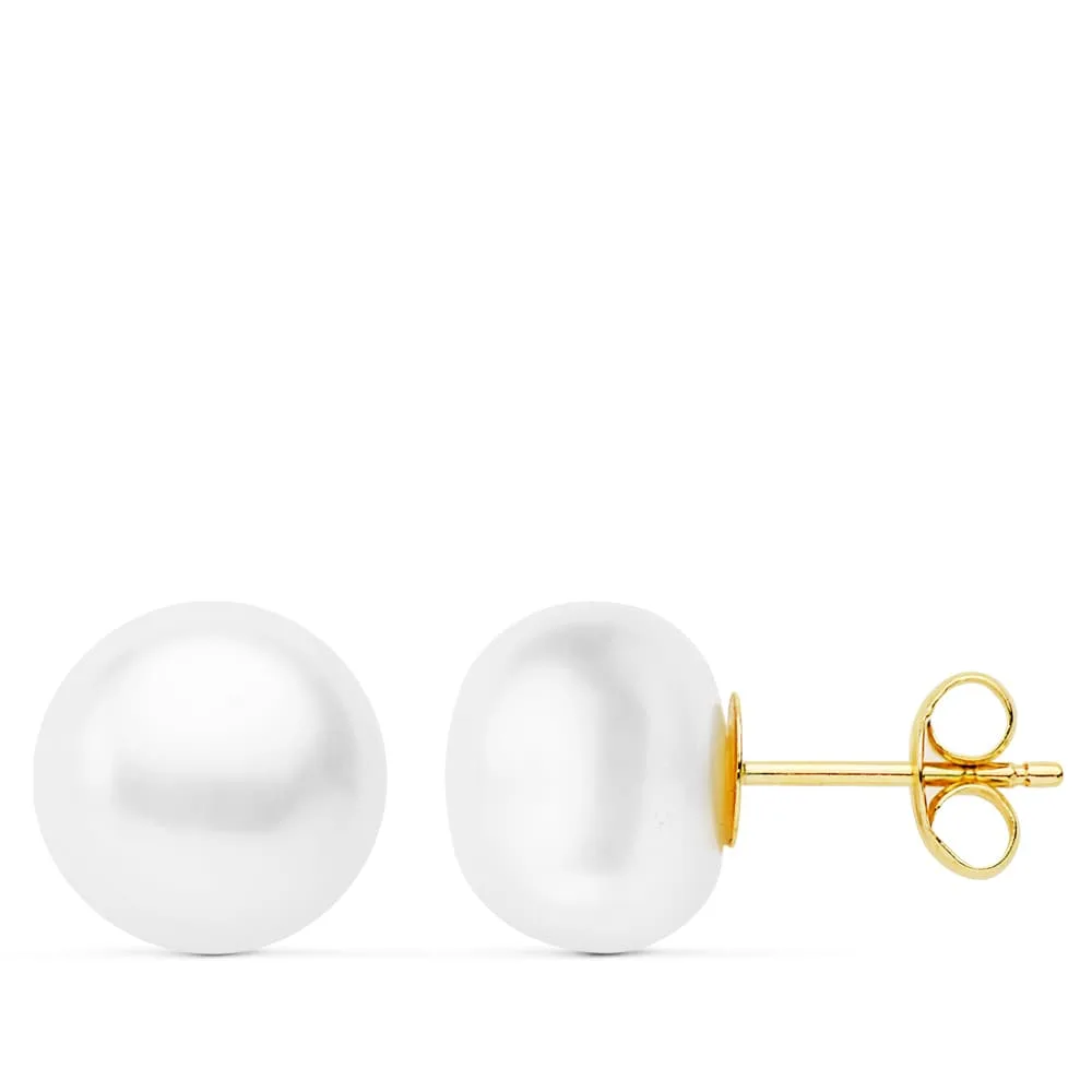 18K PENDIENTES PERLAS CULTIVADAS BOTON ORO AMARILLO 9-9.5 MM CIERRE PRESION