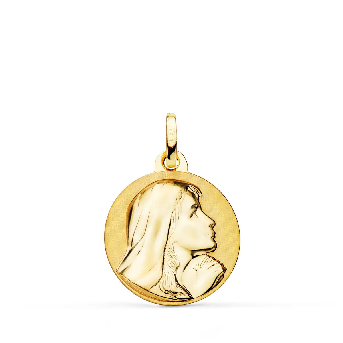 18K MEDALLA ORO AMARILLO VIRGEN MARIA REZANDO BRILLO Y MATE 18 MM