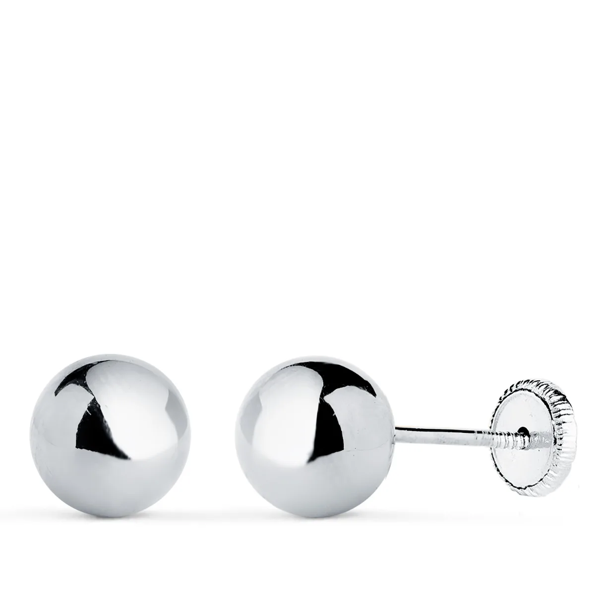 18K PENDIENTES ORO BLANCO BOLA LISA BRILLA HUECA. ANCHO: 7 MM. CIERRE TUERCA